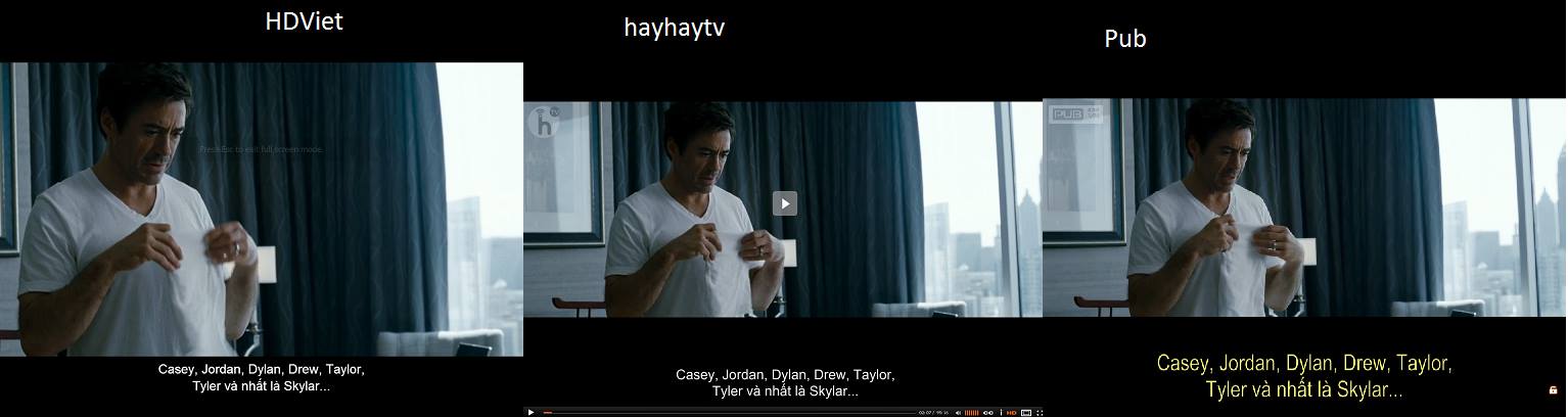Sáng ngồi check video quality thì thấy lạ là scale hình ảnh của @[100069850802055:2048:HDViet] và hayhaytv khác nhau. Bên trái là HDViet, bên phải là của Hayhaytv. Hình đang xem ở fullscreen hết. 

Để ý thì có thể thấy hình bên trái chỉ bị scale 2 bên, hình giữa full. Bên phải cùng mình thêm Pub để dễ so sánh.

Câu hỏi là tại sao? @[100000032287003:2048:Phong Tran]. Bài viết ko có ý ném đá gì đâu, chỉ thắc mắc đơn thuần. Nạp bắp vào để thử HD trên HDViet xem có khác không thì phim Due Date không lên được HD nên case VIP HDViet liệu có khác ko thì ko có câu trả lời.